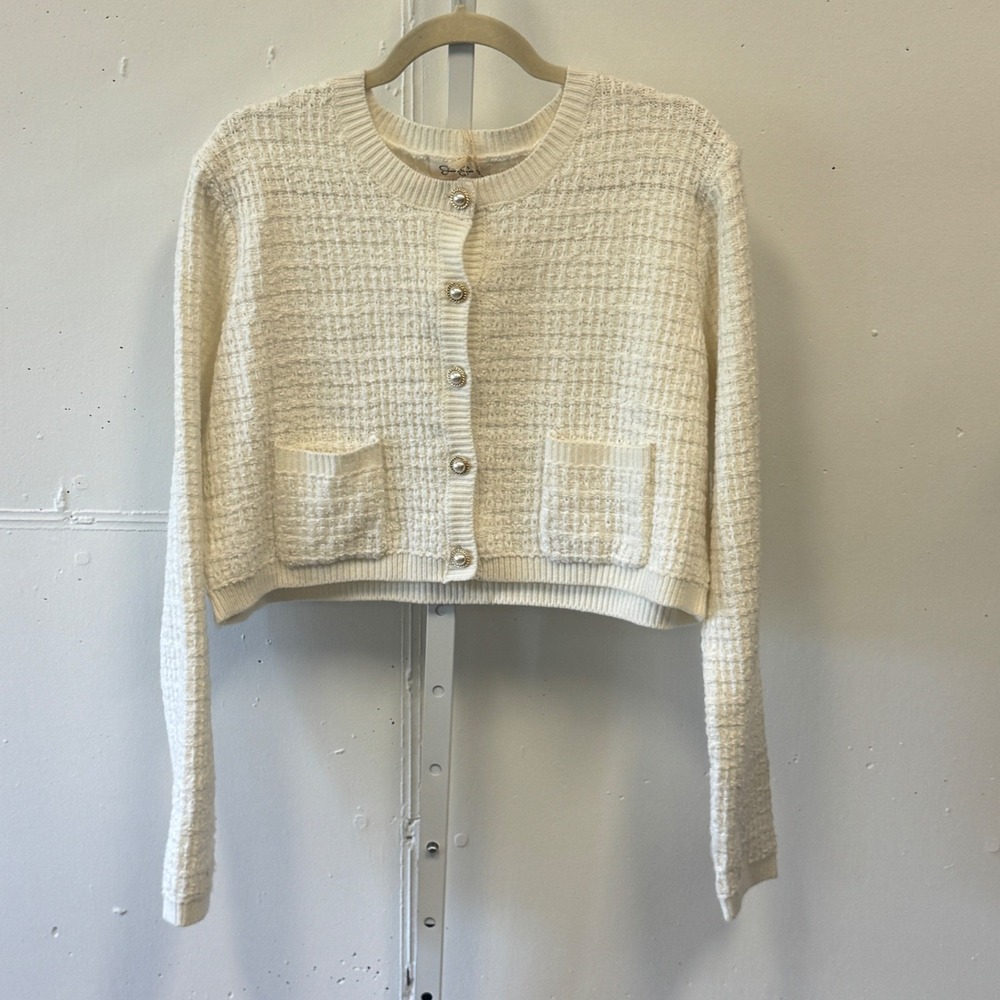 NWT Jessica Simpson Ivory Cropped Cardigan Pearl Button Sweater Woven XL Classic